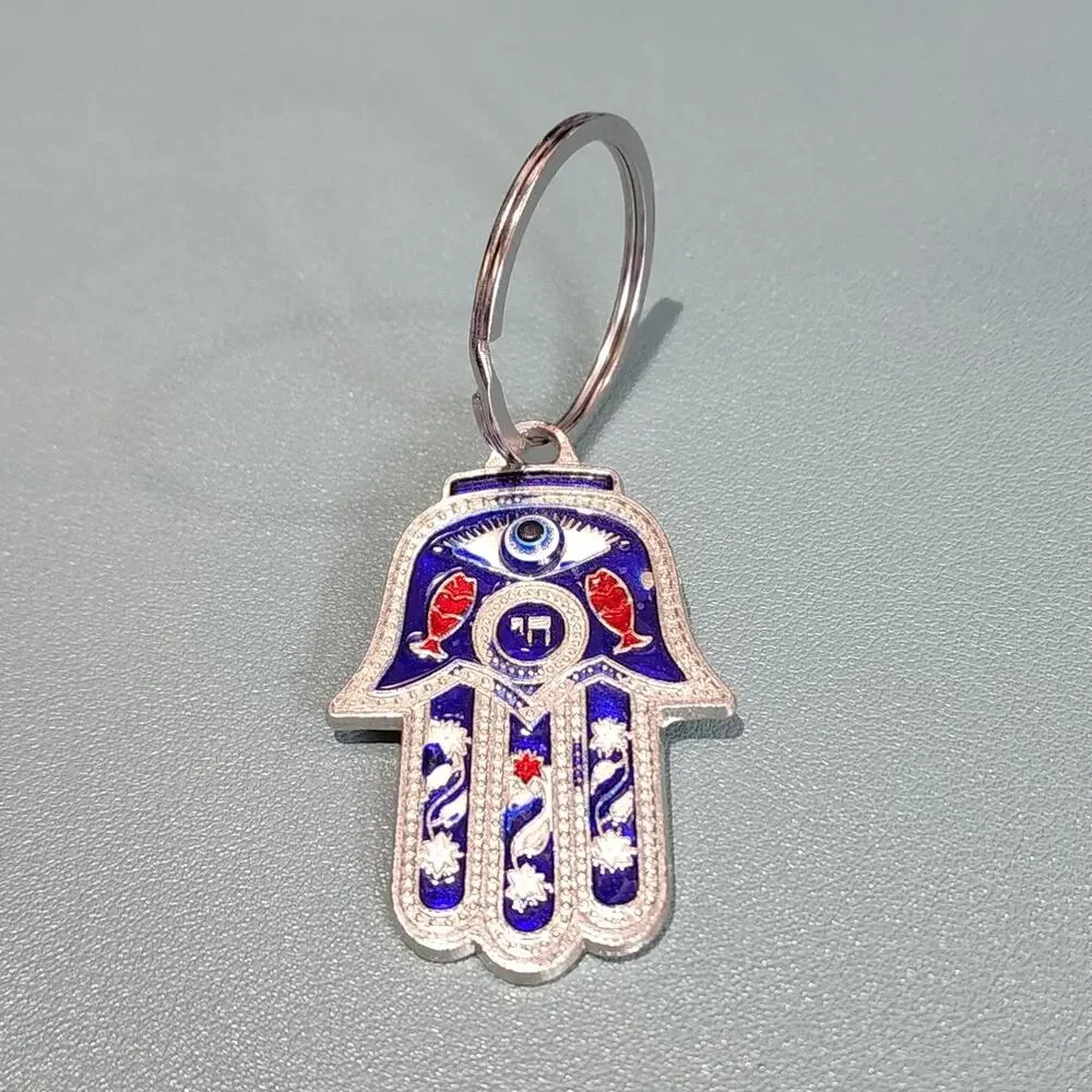 Silver Tone Blue Evil Eye Hamsa Hand of Fatima Keychain